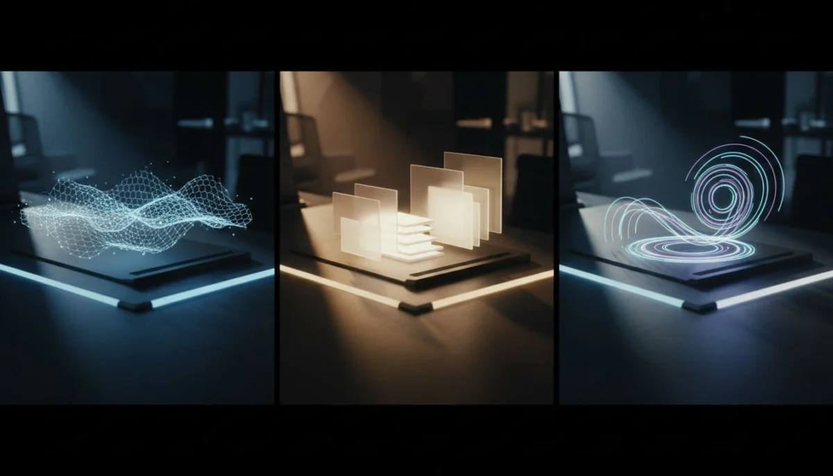 Three clean abstract light interfaces are displayed on professional desk surfaces with dramatic lighting.