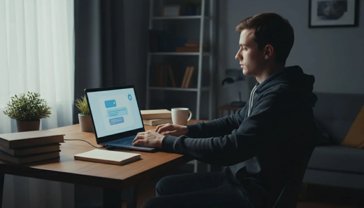 Young beginner sits at home desk typing on laptop showing chat interface, dramatic window lighting.