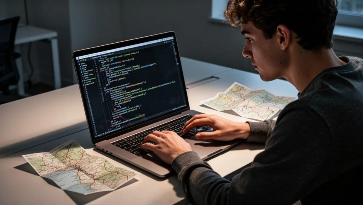 Young man at desk with open laptop showing code and travel map nearby.