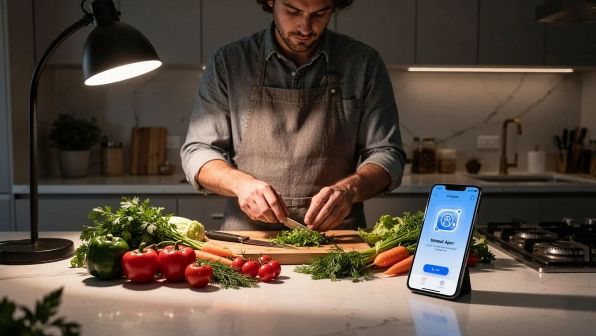Person casually prepares recipe on kitchen counter with fresh ingredients beside smartphone showing ChatGPT interface, dramatic skylight lighting.