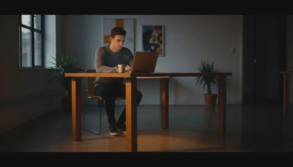 Person sits at wooden desk using laptop under soft warm lighting.