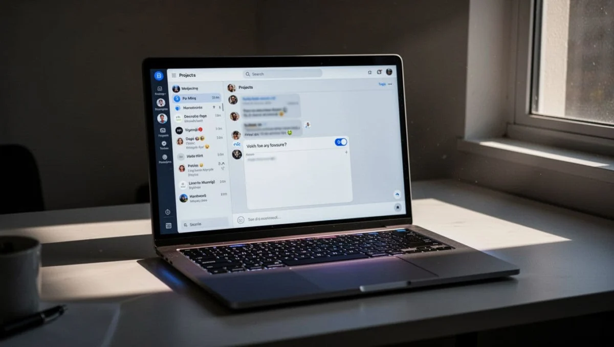 Modern laptop on clean desk displays Codex app with chat sidebar, projects list, and central chat window.