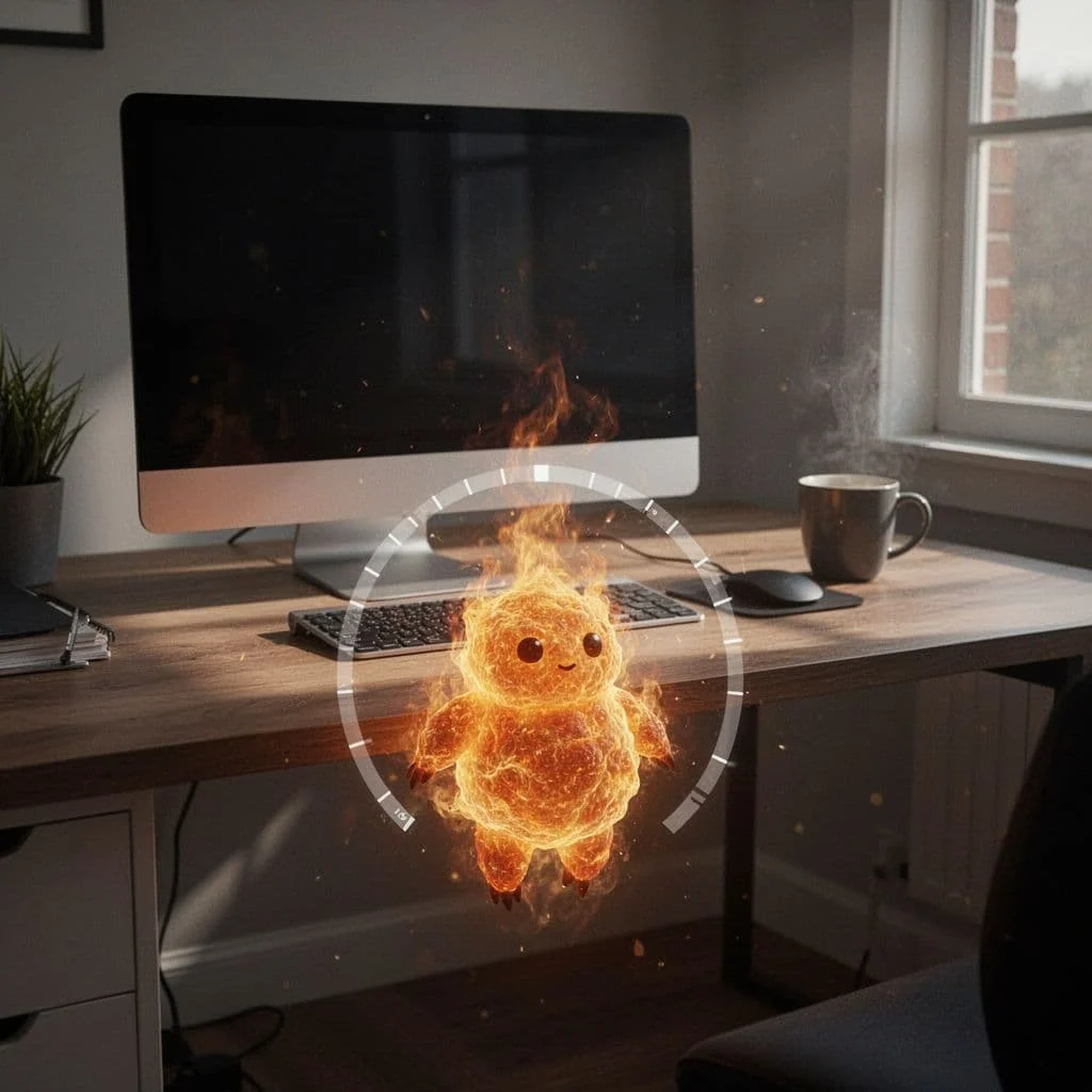 Cute fireball pet character with progress indicator at bottom of workspace screen.