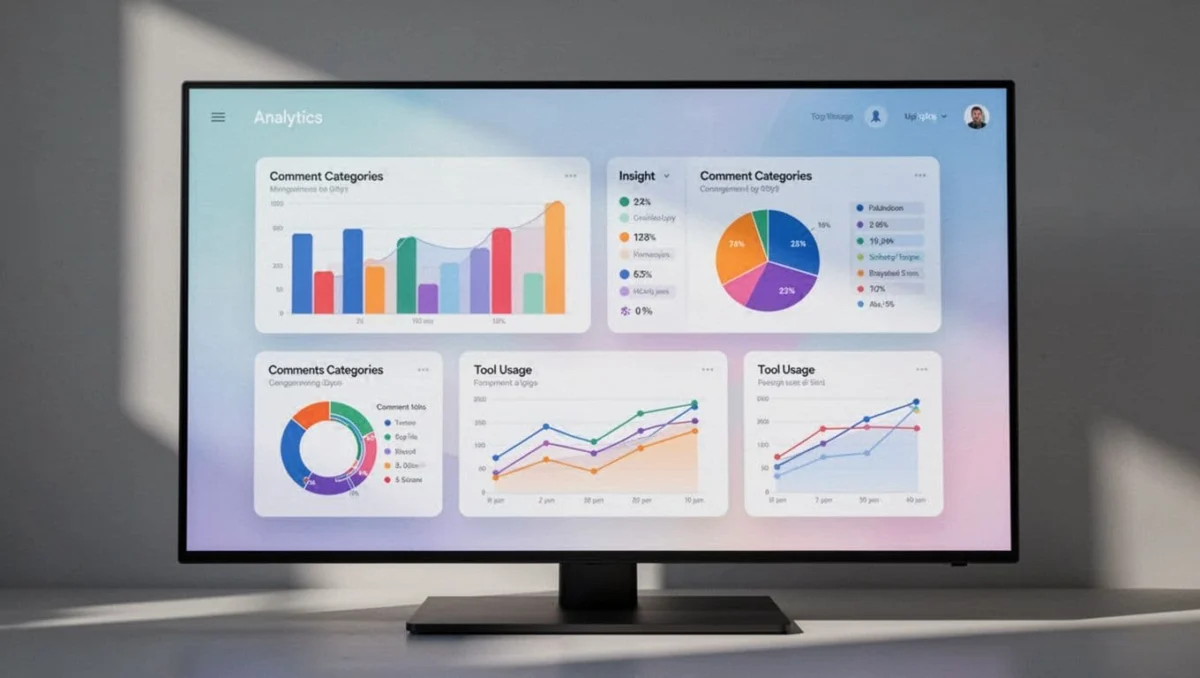 Web dashboard with charts and graphs for comment categories, top tools, and insights panels.