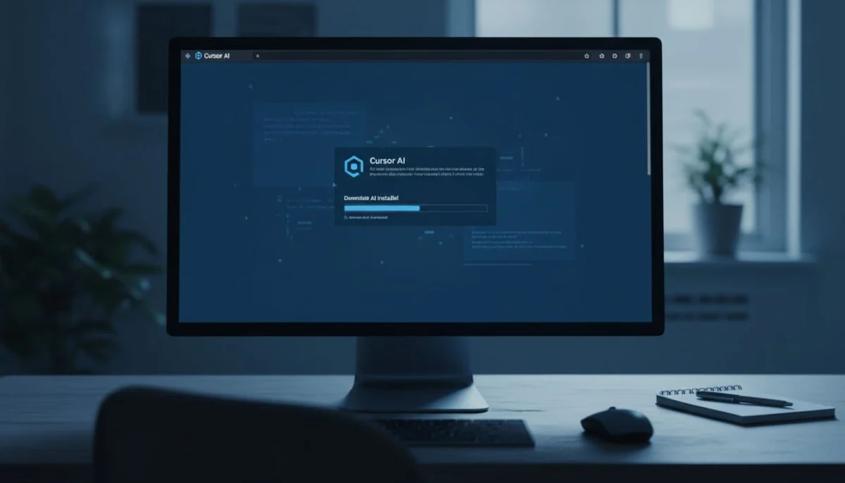 Desktop screen shows installer download progress on simple office desk with mouse and notepad, in cool blue lighting.