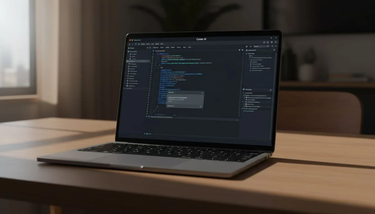Laptop screen displays dark-mode code editor with autocomplete suggestion on wooden desk in dim light.