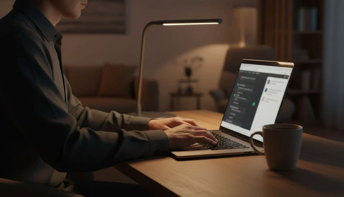 Person at desk types on laptop with open chat sidebar, coffee mug nearby in warm lighting.