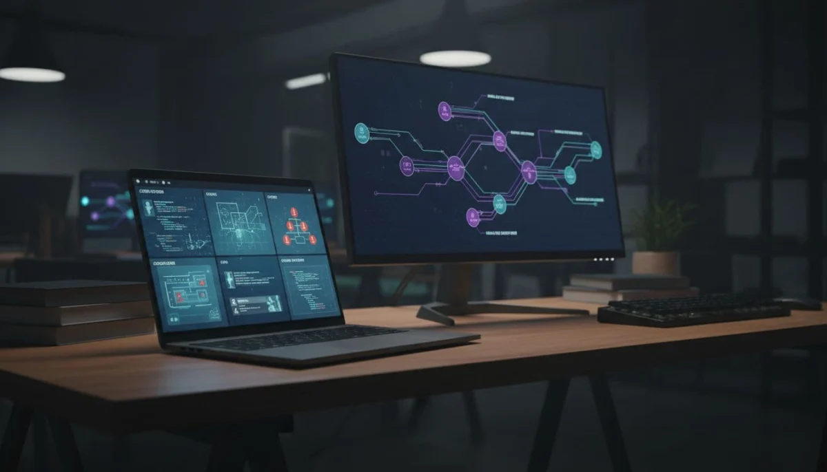 Laptop screen with multiple tiled agent windows for code tasks, external monitor in workspace.