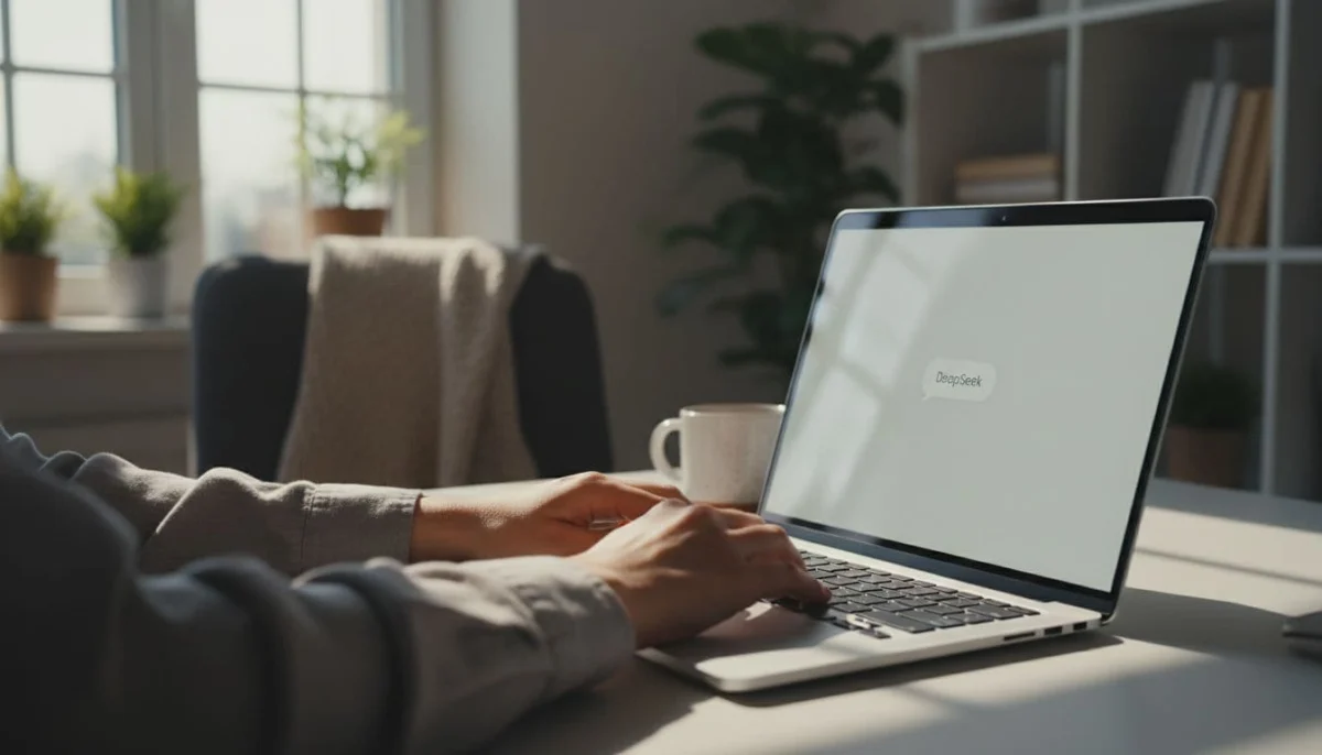 Person sits at modern desk typing on laptop open to DeepSeek chat in cozy daytime home office.