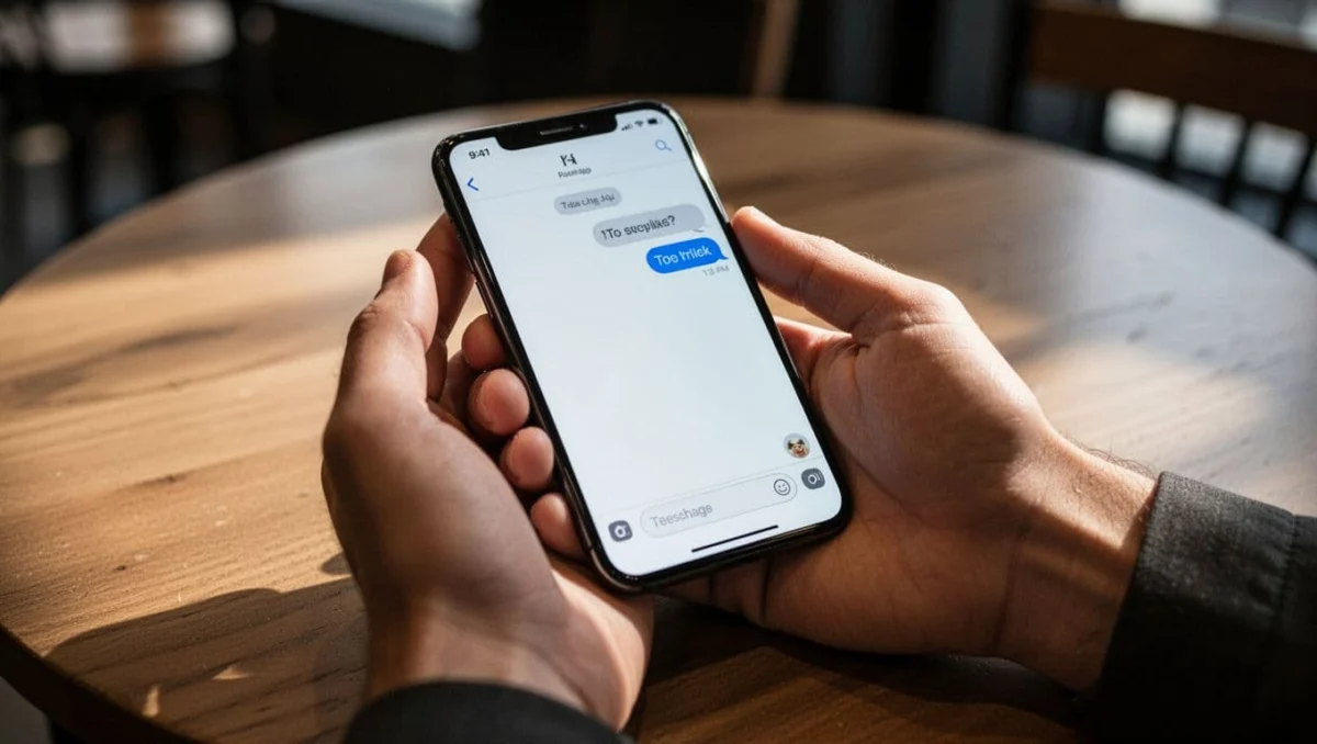 Hand holds smartphone showing DeepSeek chat interface on blurred cafe table background.