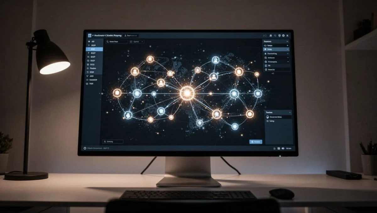 Computer monitor shows split screen of DeepSeek Think Mode with glowing nodes connecting ideas in dark theme.