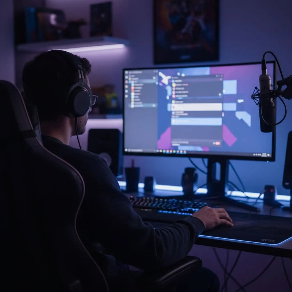 A gamer wearing headphones sits at a desk illuminated by soft blue and purple lighting.