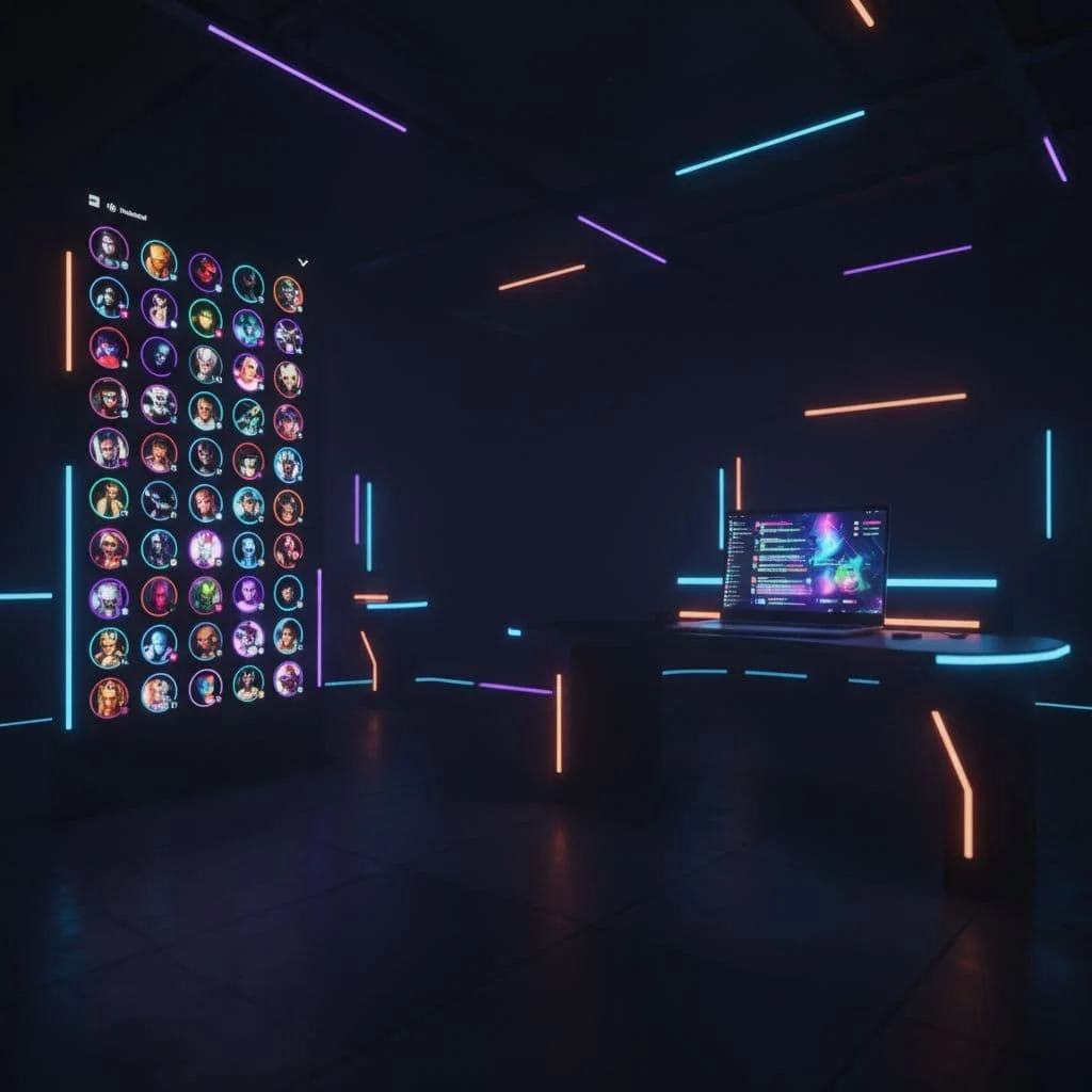 A moody digital workspace featuring glowing neon accents and a sidebar filled with numerous user avatars.