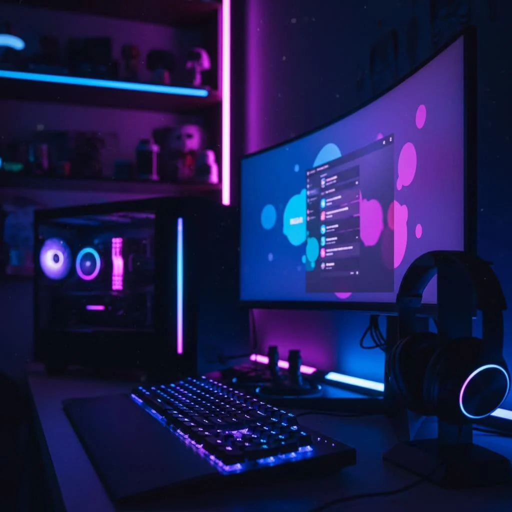 A dimly lit room features a glowing mechanical keyboard and a monitor displaying a blurred chat interface.
