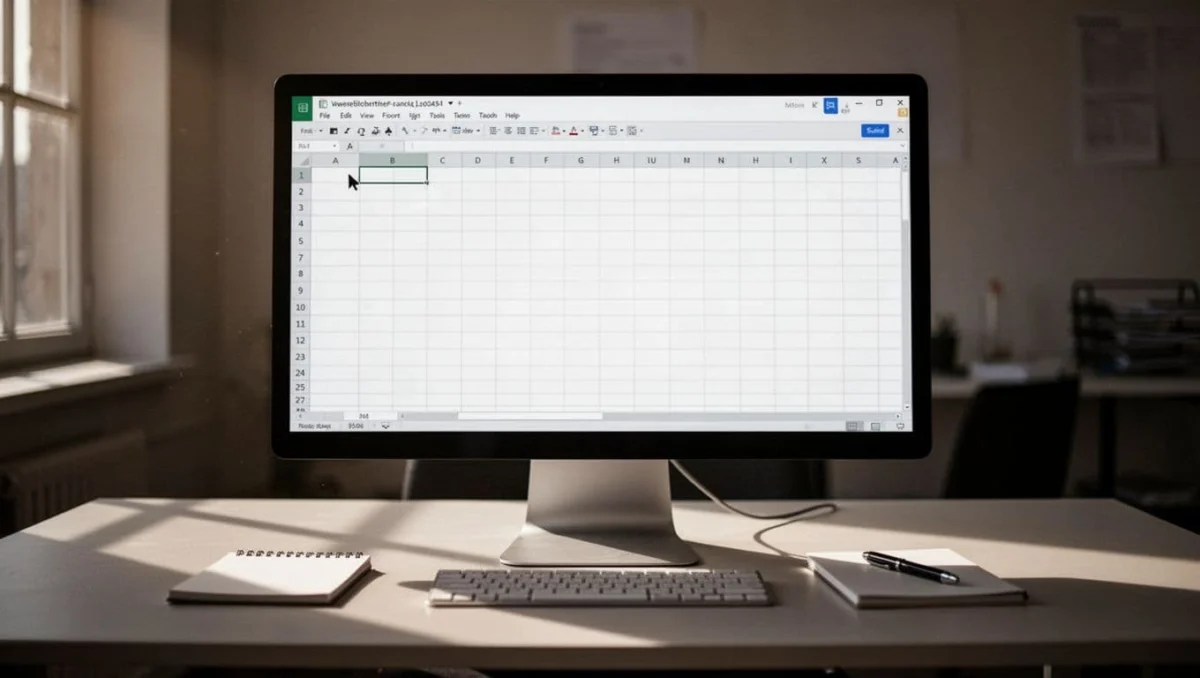 Desktop screen shows blank Excel worksheet with cursor in A1, notepad and pen nearby.