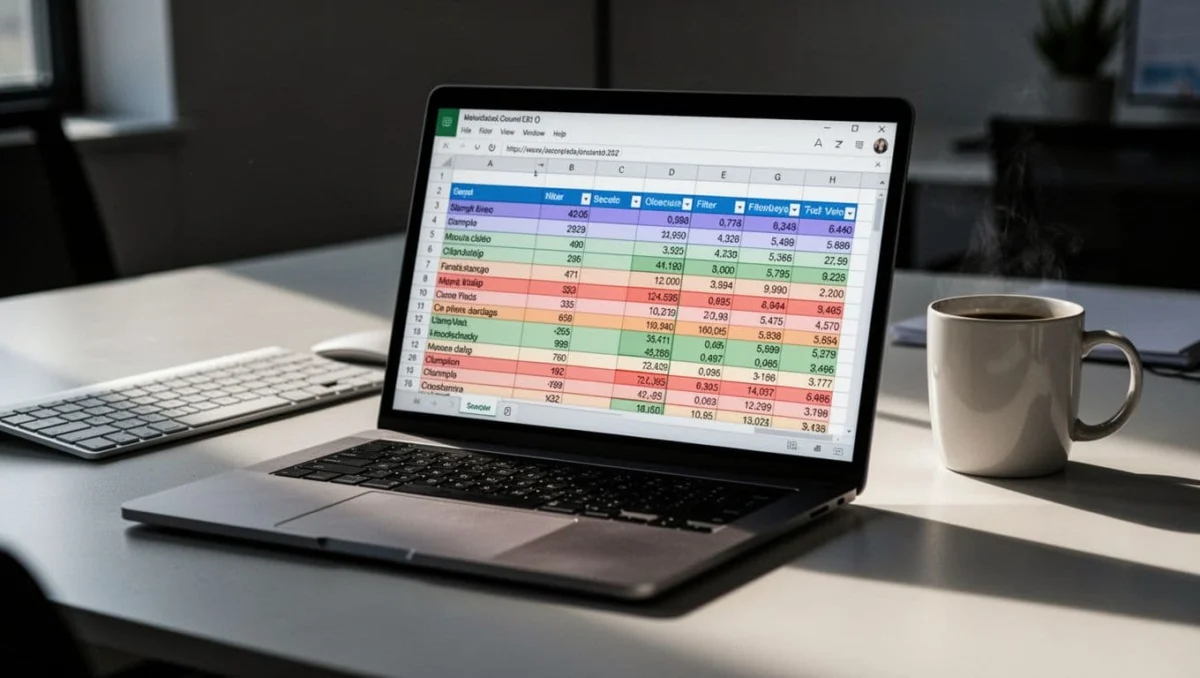 Laptop screen shows Excel interface with formatted table, alternating row colors, filter arrows on headers; desk background with keyboard and mug.