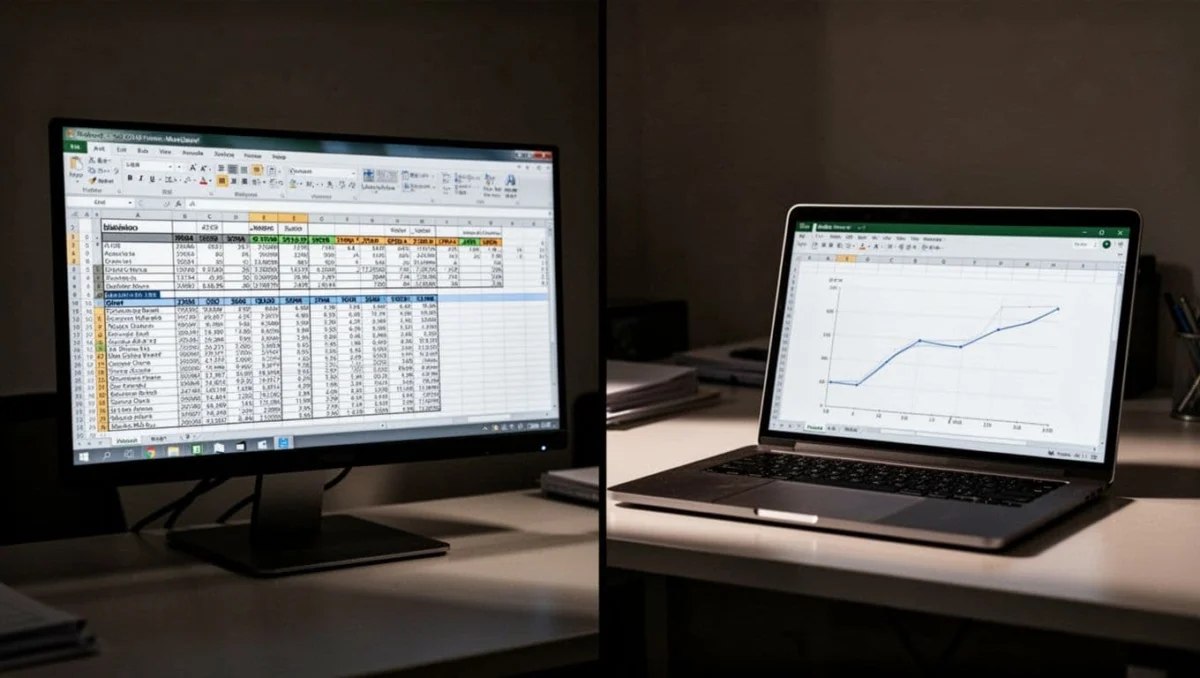 Split screen on office desk: left monitor shows advanced Excel with pivot table and macros, right laptop displays basic online sheet and chart.