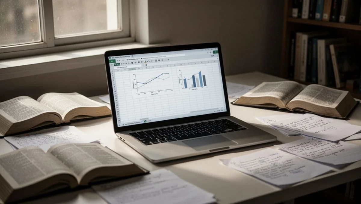 Student desk holds open laptop showing Excel grade tracker with charts, surrounded by books and notes in soft window light.
