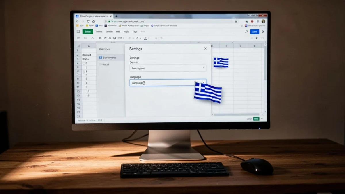 Browser window on desk shows Excel Online settings with Greek language dropdown selected, mouse hovering.