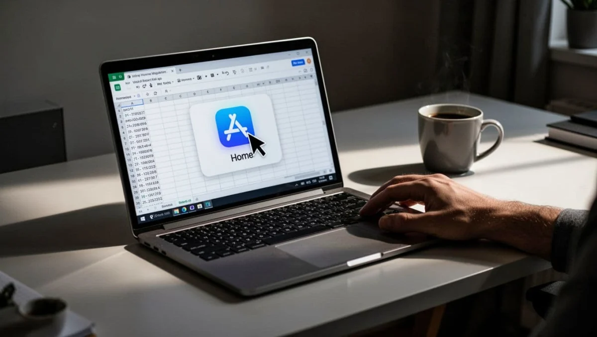 Laptop screen shows browser on Office homepage with highlighted Excel icon and hovering cursor; hand on mouse near coffee mug on desk.