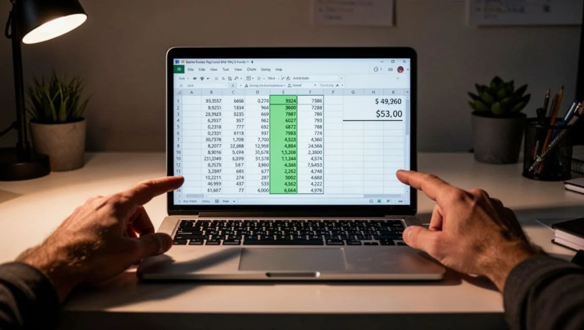 Laptop screen shows Excel Online with SUM formula, highlighted A1:A5 range with numbers, and result. Hands point at screen on clean home office desk.