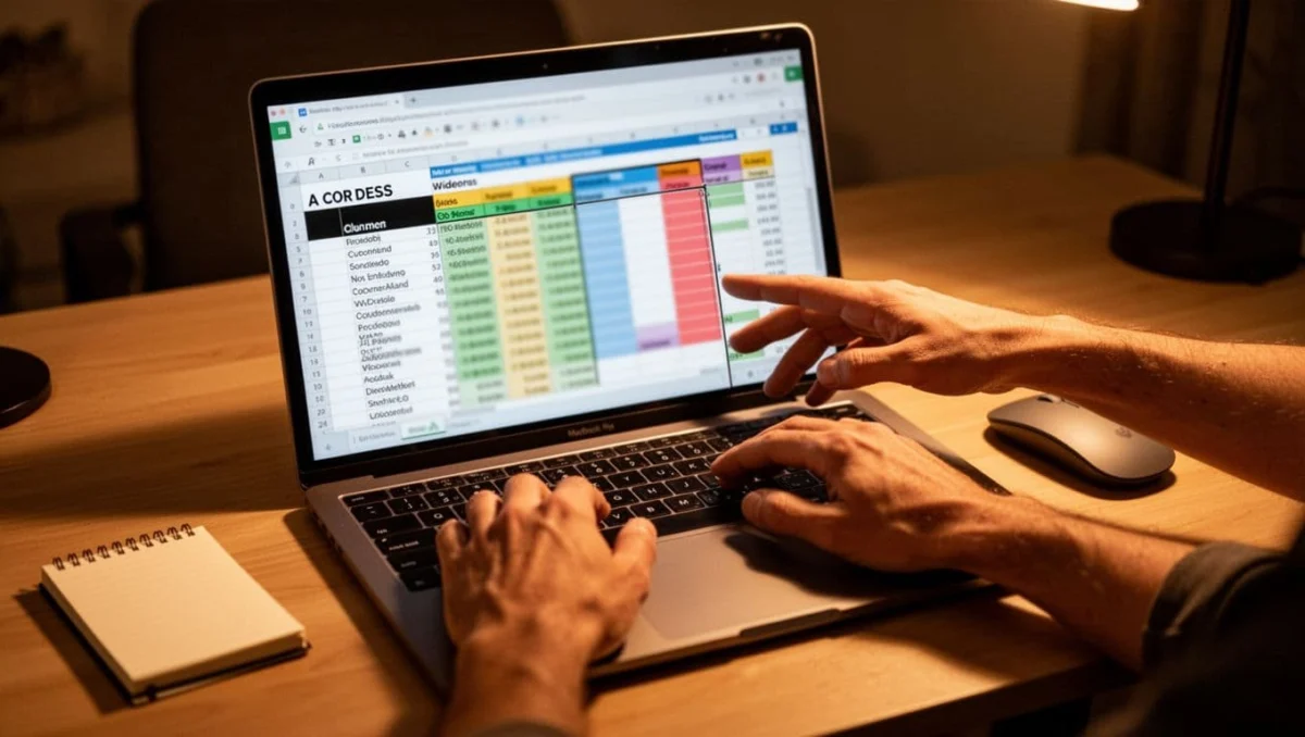 Laptop screen shows Excel spreadsheet with bold headers, colored numbers, and adjusted column widths.