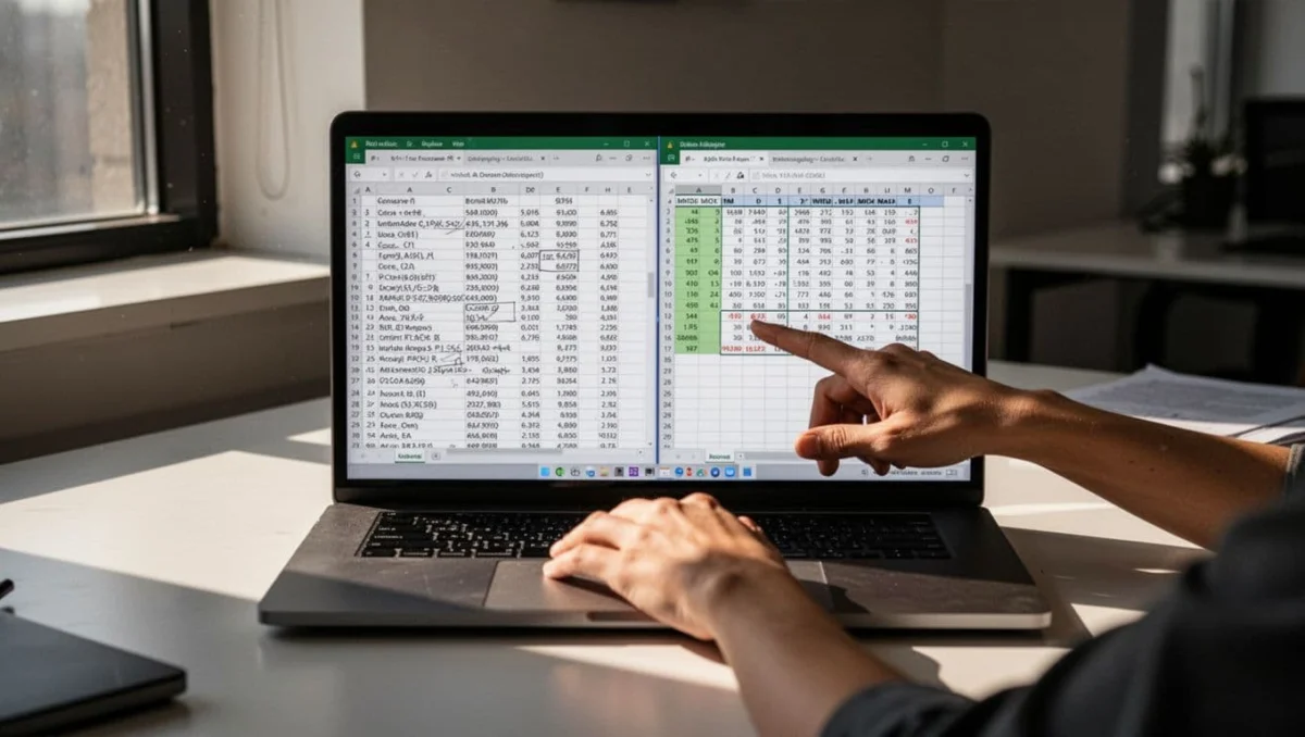 Laptop on office desk shows split-screen Excel: messy data left, clean organized sheet right, hand pointing at corrected cell.