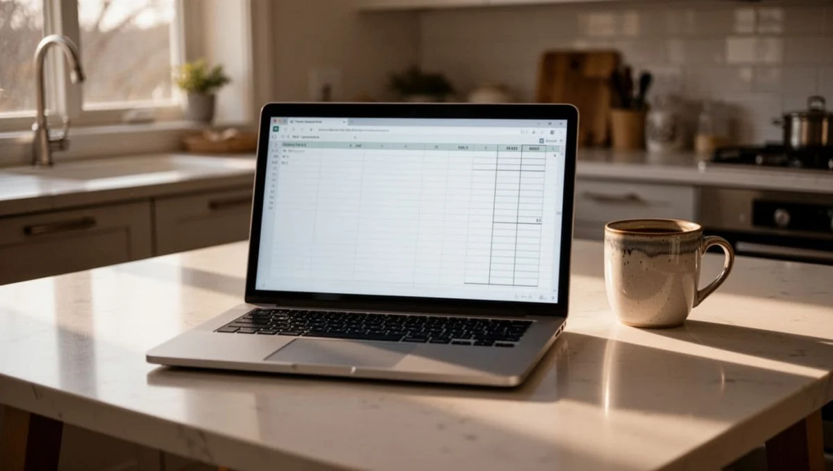 Laptop on clean kitchen table displays simple Excel budget sheet with coffee mug nearby in morning light.