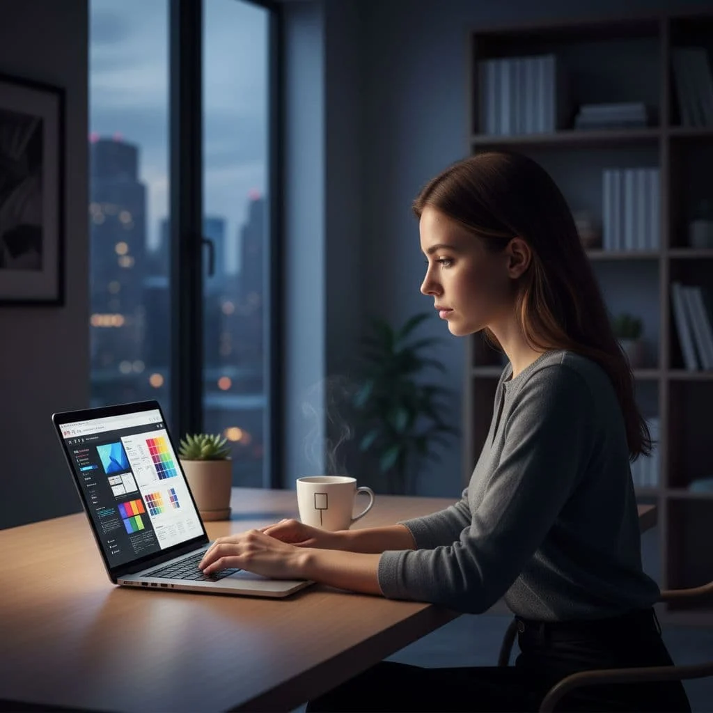 A focused person works on a laptop at a clean desk with a cup of coffee.