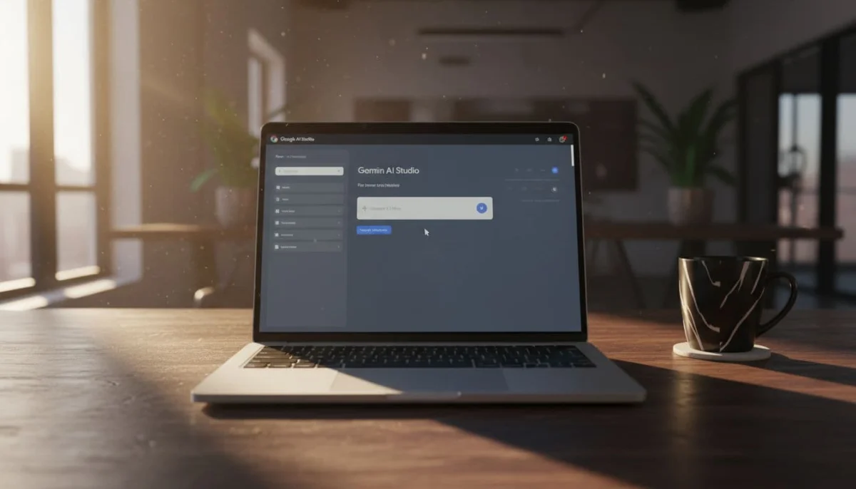 Modern laptop on wooden desk with coffee mug displays clean Google AI Studio beginner dashboard.
