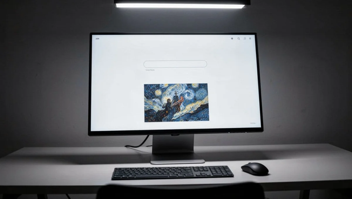 Angled desktop monitor shows chat layout with input box and image output below, keyboard and mouse in foreground.