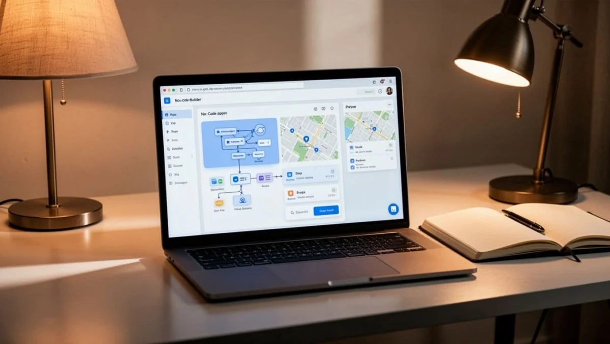 Laptop on desk with notebook displays app builder canvas, drag-and-drop components, maps widget, and preview panel.