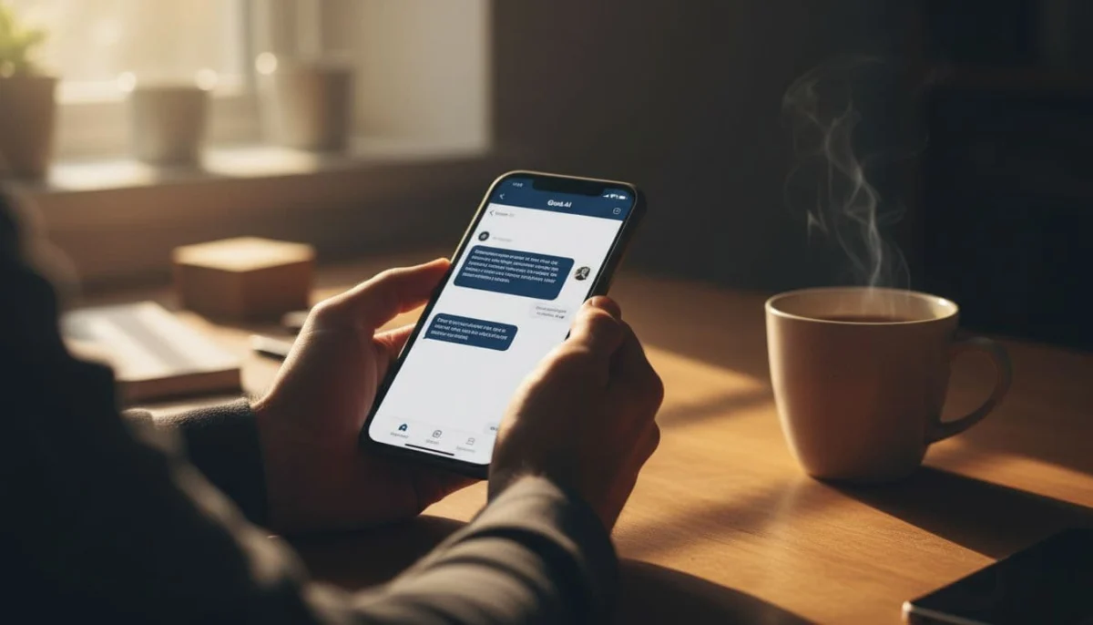 Person at home desk holds smartphone showing simple Grok chat on X app, coffee mug nearby.