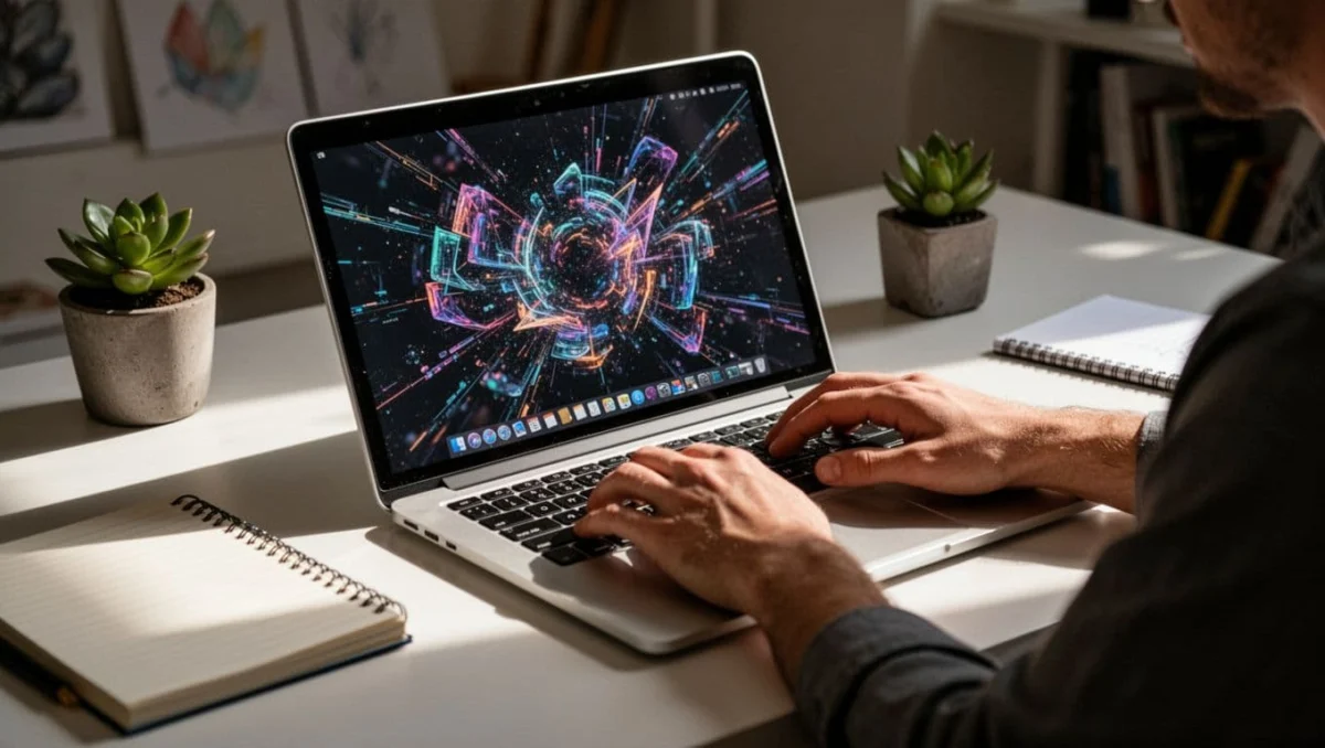 Laptop screen shows abstract art with hands resting on keyboard, notebook, and plant nearby.