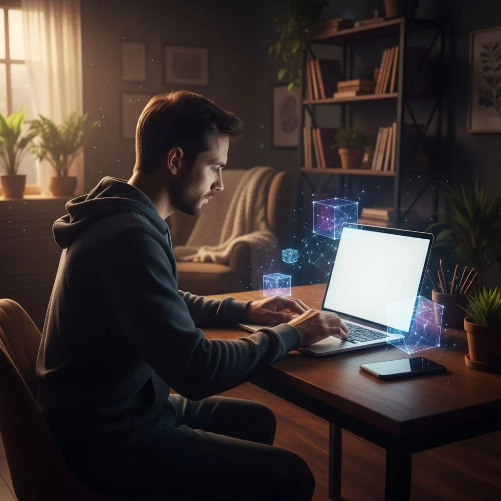 A focused person works on an app layout at a desk in a cozy office setting.