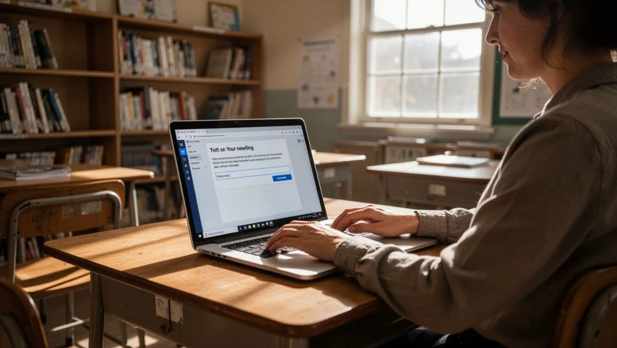 Teacher at desk types on laptop showing text rewriter interface with input box and generate button in sunlit classroom.