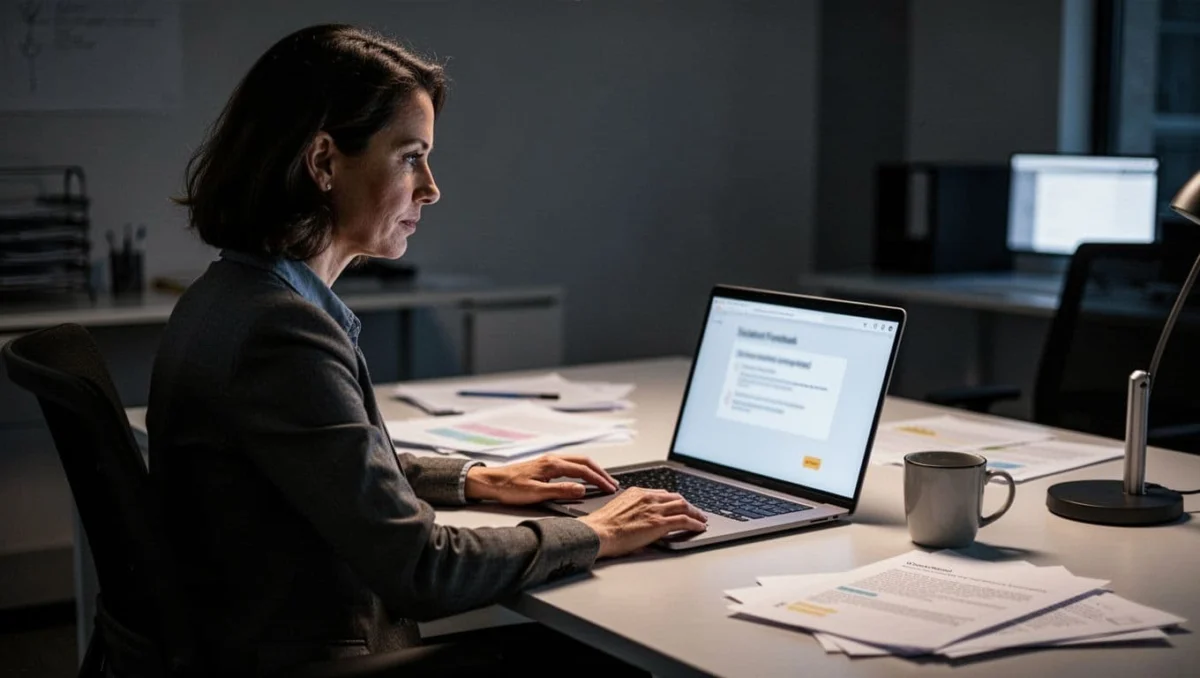 Teacher sits in modern office reviewing blurred feedback on laptop screen, hands on desk with papers and coffee mug.