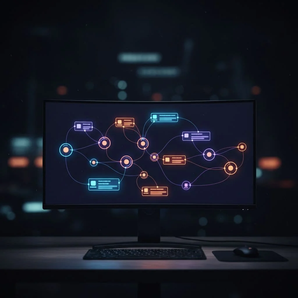 A modern computer monitor displays an abstract node-based automation workflow against a dimly lit workspace background.