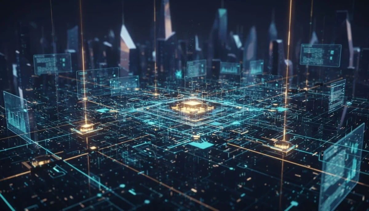 A conceptual workspace features glowing golden nodes and flowing data streams against a dark blue background.