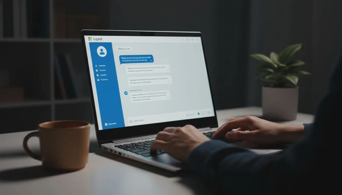User at desk with open Windows laptop showing Copilot chat interface, hands on keyboard, coffee mug nearby.