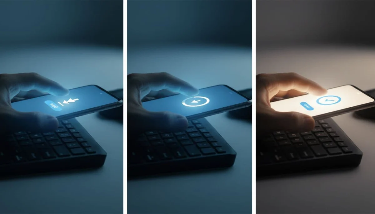 Hand clicks install on Copilot app screen on smartphone held over PC keyboard, sequential left-to-right download progress.