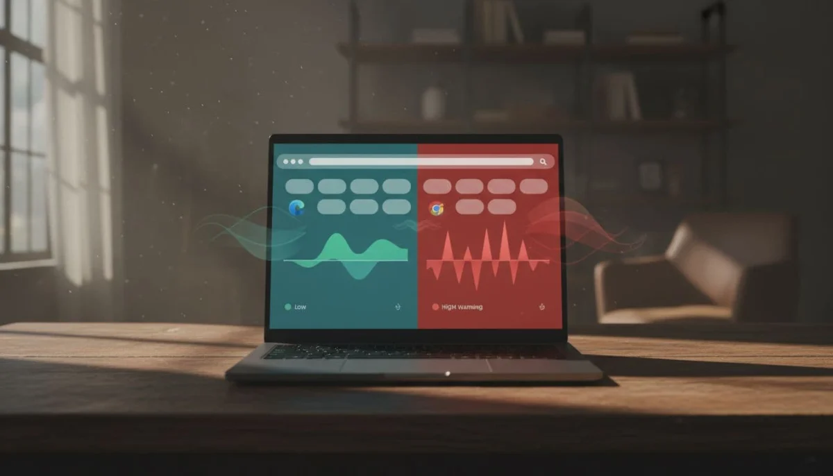 Laptop on wooden desk shows Edge browser with green low RAM graph and smooth waves beside Chrome with red high RAM warning.