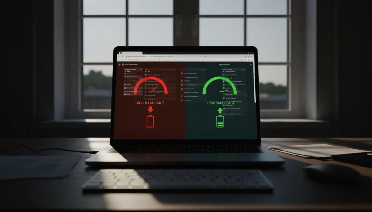 Split laptop screen on office desk: left Chrome high RAM usage draining battery, right Edge low RAM full battery.