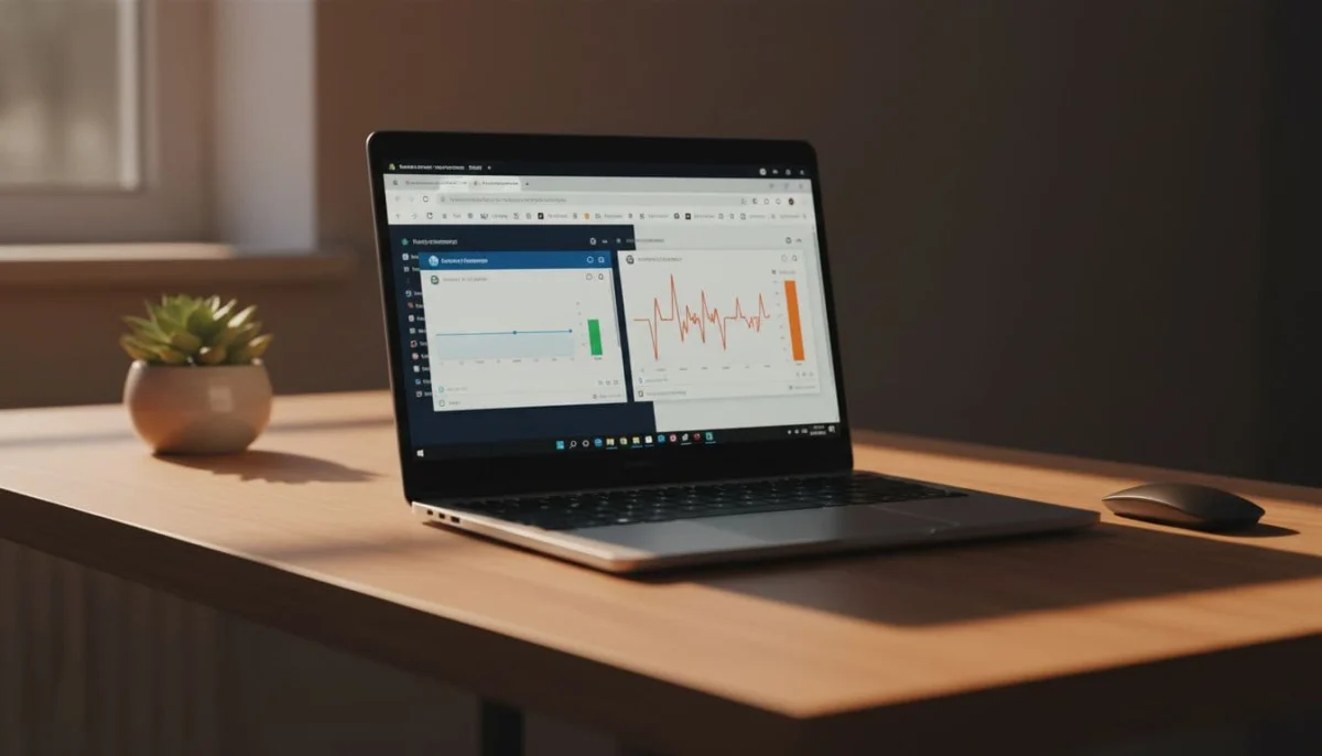 Laptop on minimal desk shows browser with 20 tabs, Edge smooth low-resource graph, Chrome laggy high-memory graph.