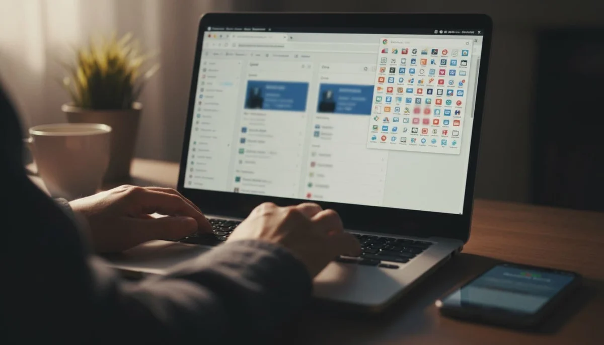 Laptop screen displays Chrome with toolbar extensions, blurred Gmail and Drive tabs, Google apps sidebar, hands on trackpad at home desk with phone nearby.