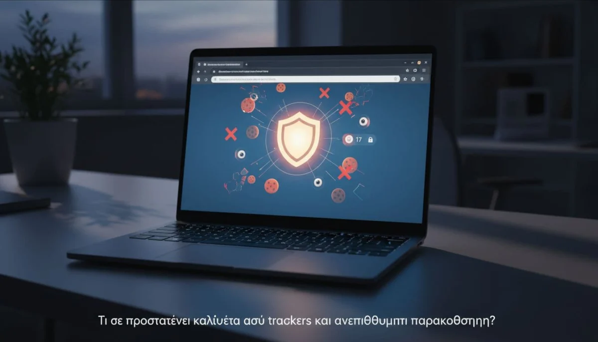 Laptop screen shows shield icon blocking floating eye trackers and cookie icons on office desk with keyboard glow.