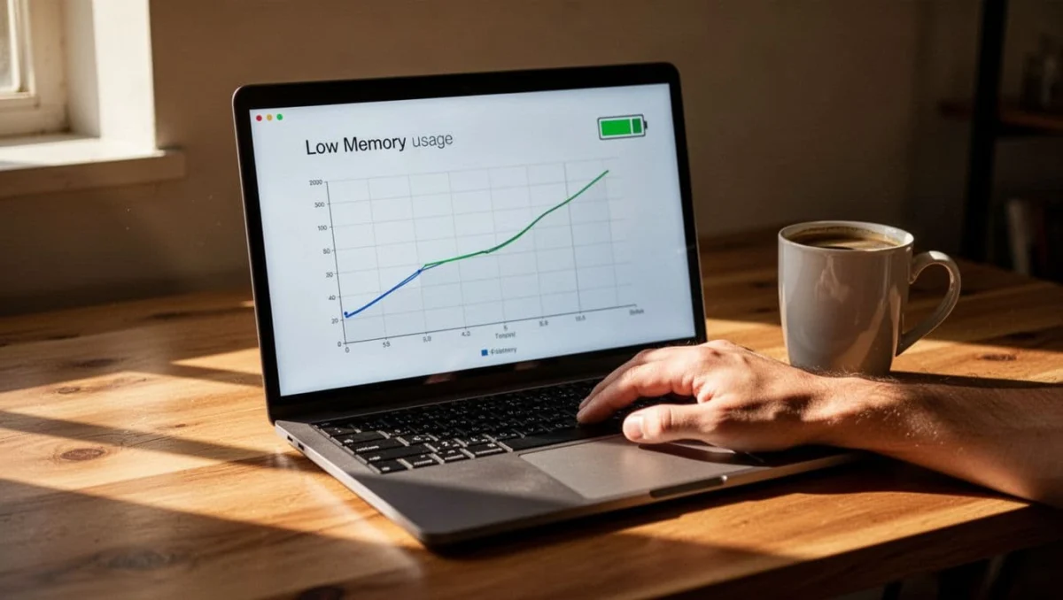 Laptop on desk runs Windows with Edge open showing low RAM graph and full battery icon, hand on trackpad, coffee mug nearby.