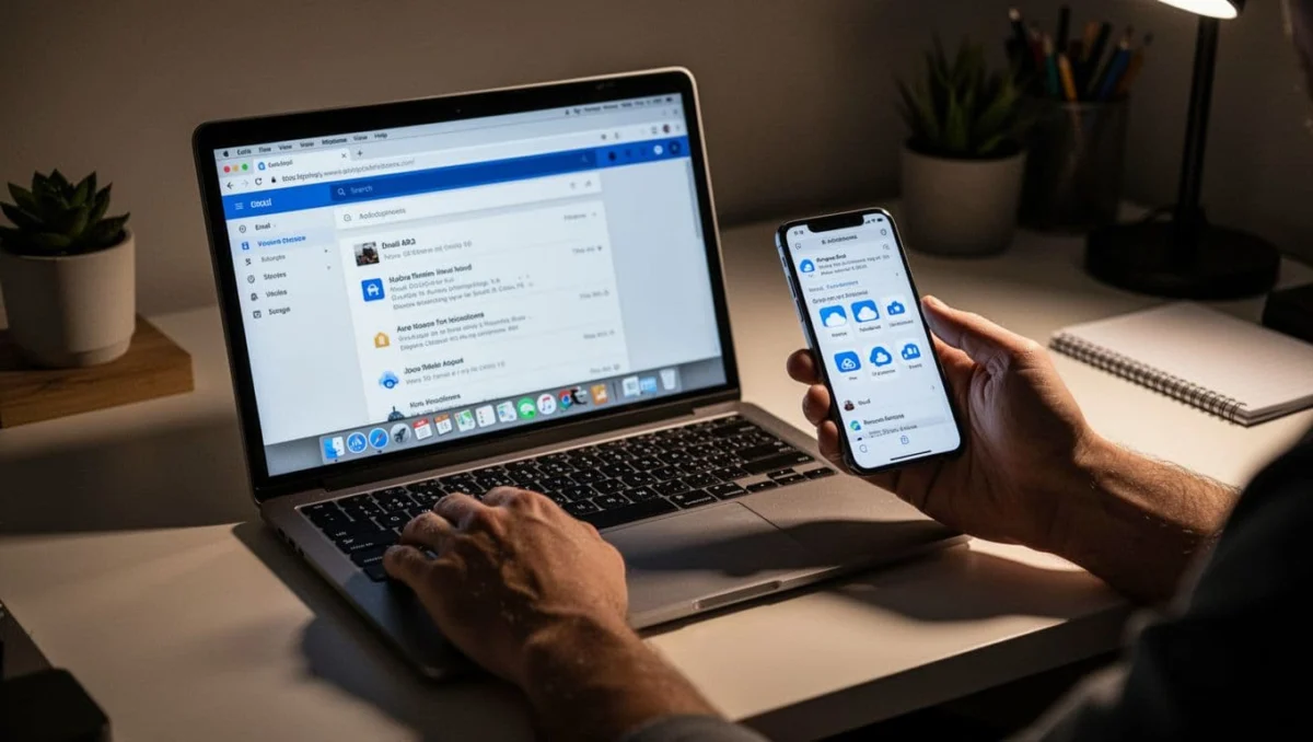 Laptop screen shows Chrome browser with Gmail and Drive tabs plus extensions toolbar; connected Android phone sits nearby on home office desk with two relaxed hands.