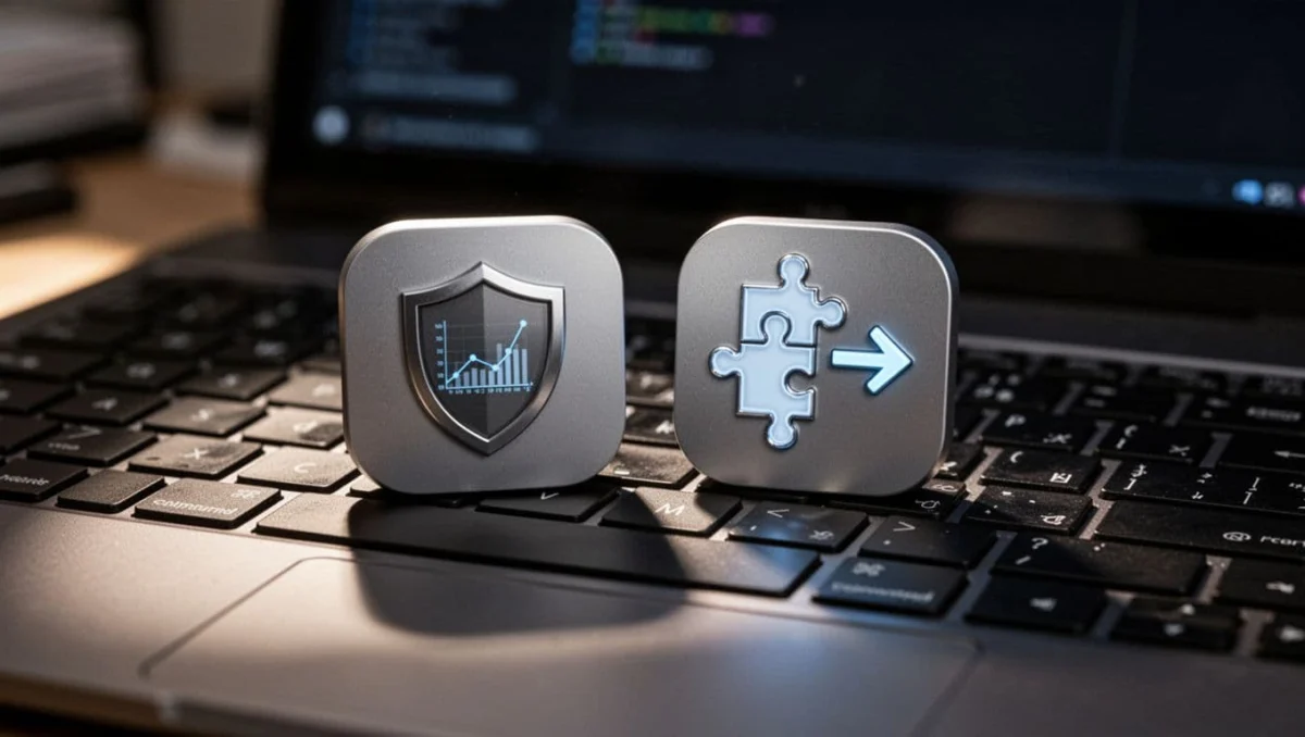 Edge icon with privacy shield and low memory graph beside Chrome with extension puzzles and speed arrow on laptop keyboard in dim light.