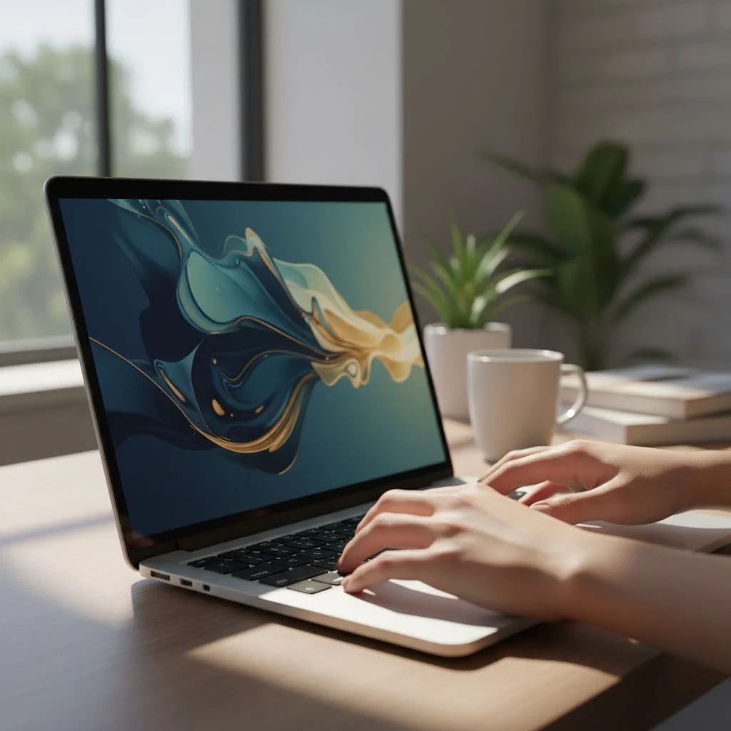 A person sits at a bright, minimalist desk with their hands positioned on a laptop keyboard. The screen displays vibrant abstract digital art while natural light illuminates the clean workspace setup.